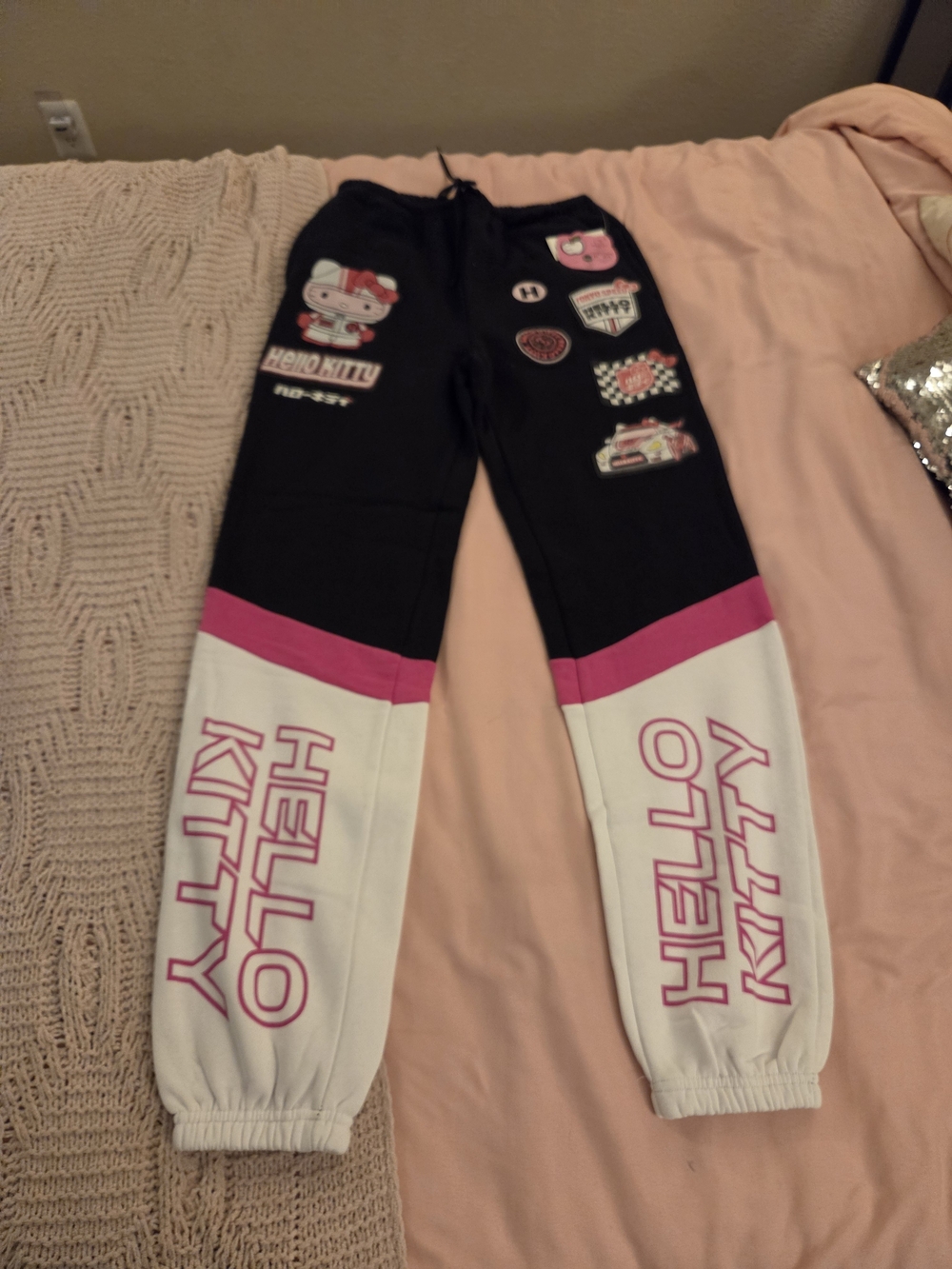 Hello Kitty Black, White & Pink Patchwork Jogger Sweatpants